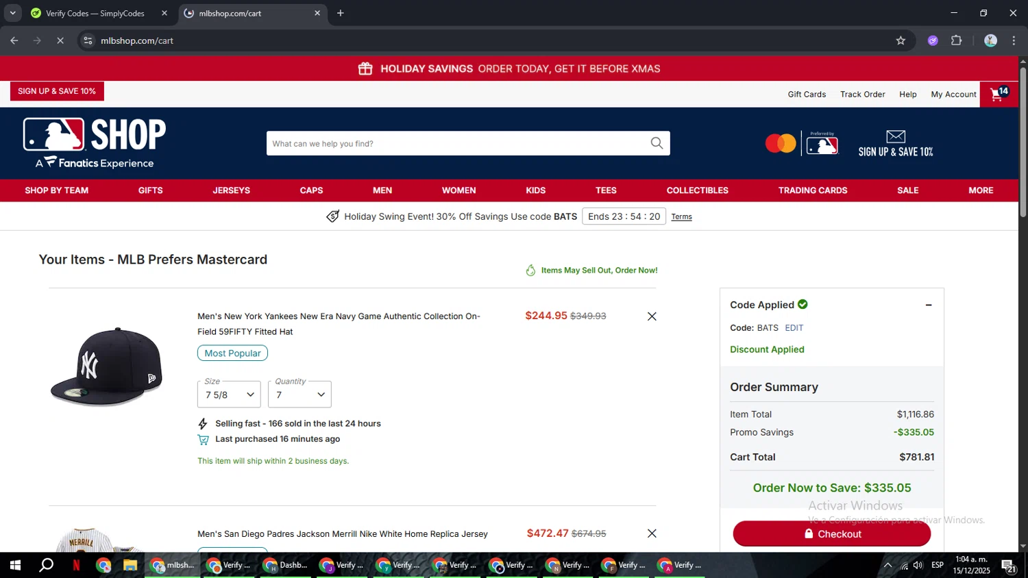Seattle Mariners checkout page showing Seattle Mariners promo code box | Screenshot taken by SimplyCodes community member on Dec 15, 2025