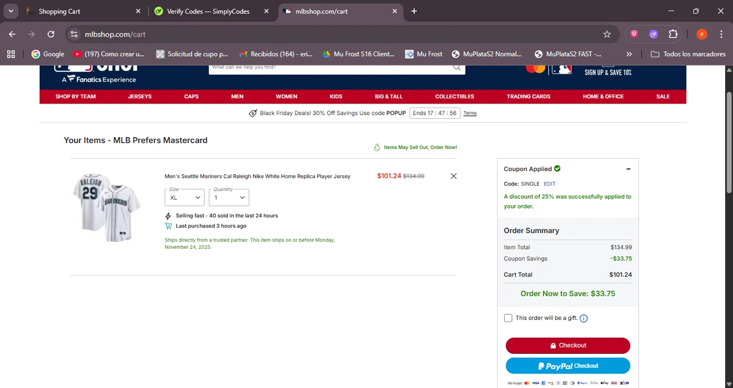 Seattle Mariners promo code screenshot showing code single applied at Seattle Mariners checkout page. Uploaded by SimplyCodes community member BrilliantSleuth7740 on Nov 24, 2025