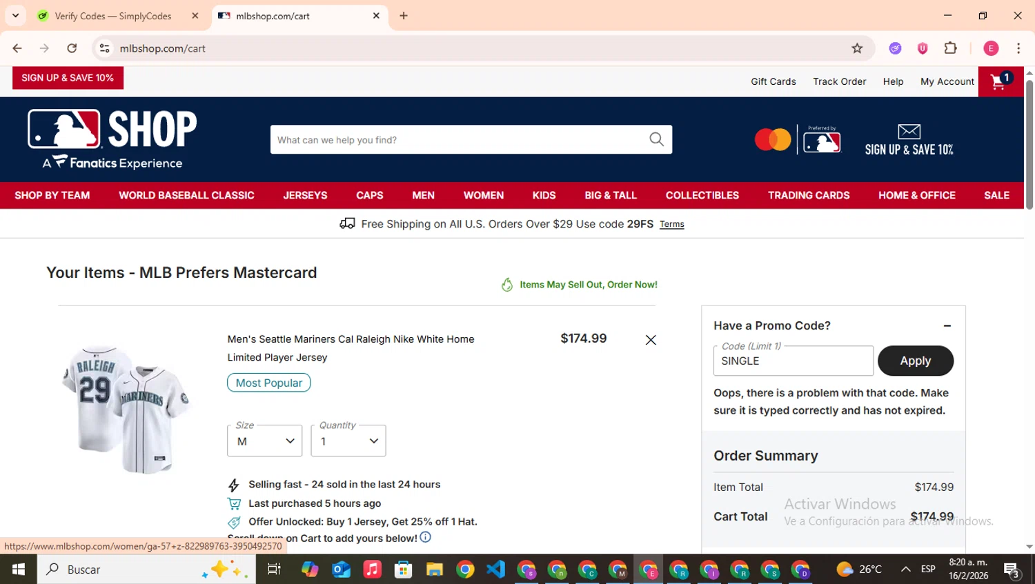 Seattle Mariners promo code screenshot showing code single applied at Seattle Mariners checkout page. Uploaded by SimplyCodes community member CouponHero7312 on Feb 16, 2026