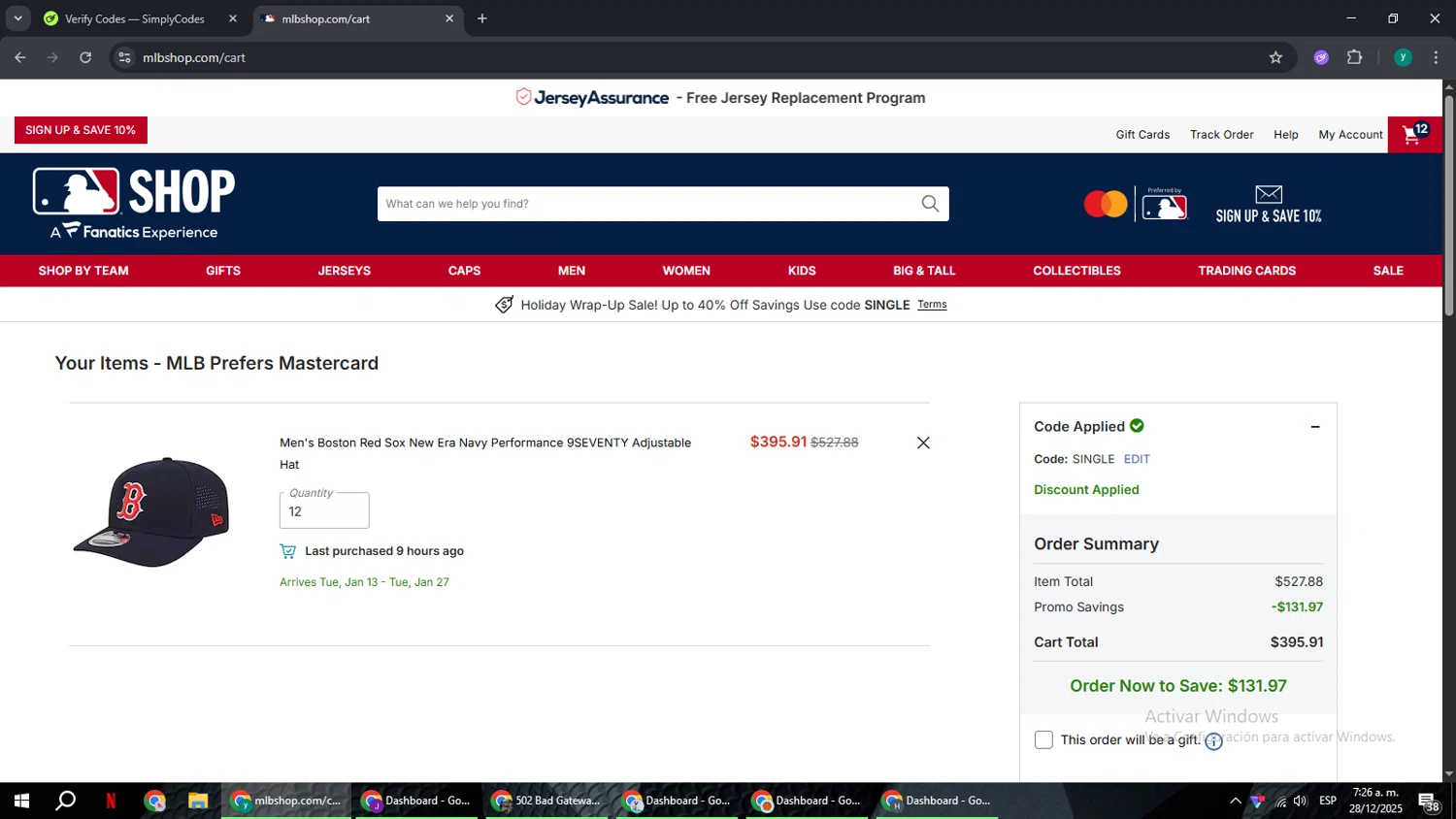 Seattle Mariners promo code screenshot showing code single applied at Seattle Mariners checkout page. Uploaded by SimplyCodes community member FrugalCaptain6906 on Dec 28, 2025