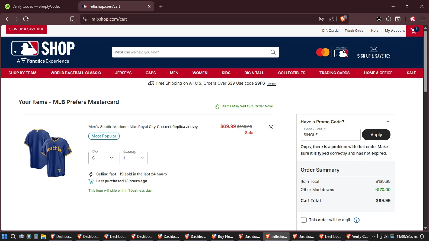 Seattle Mariners promo code screenshot showing code single applied at Seattle Mariners checkout page. Uploaded by SimplyCodes community member Shizuku on Jan 21, 2026
