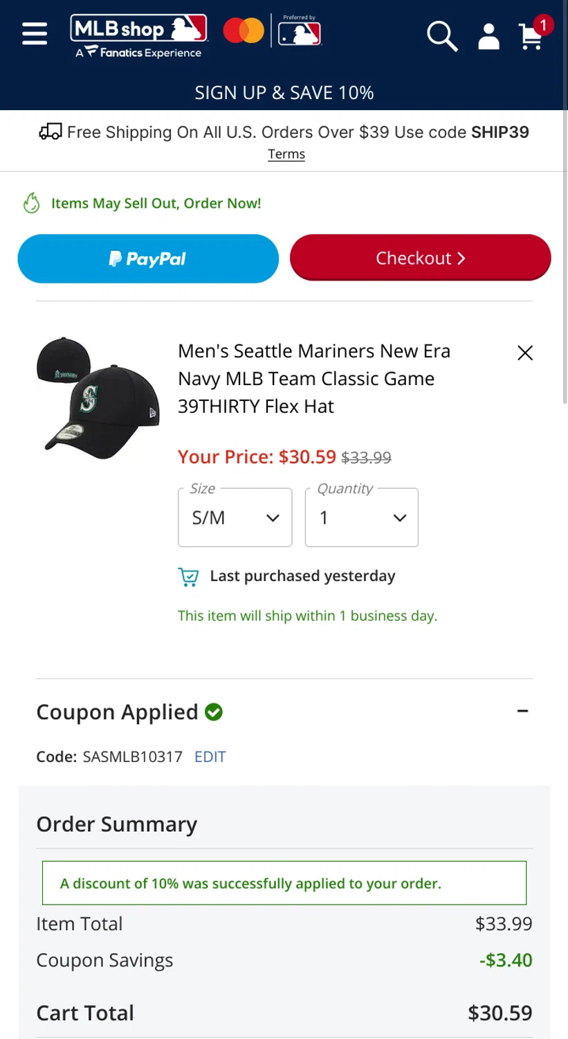 Seattle Mariners promo code screenshot showing code SASMLB10317 applied at Seattle Mariners checkout page. Uploaded by SimplyCodes community member MarkGrayson on Apr 16, 2025