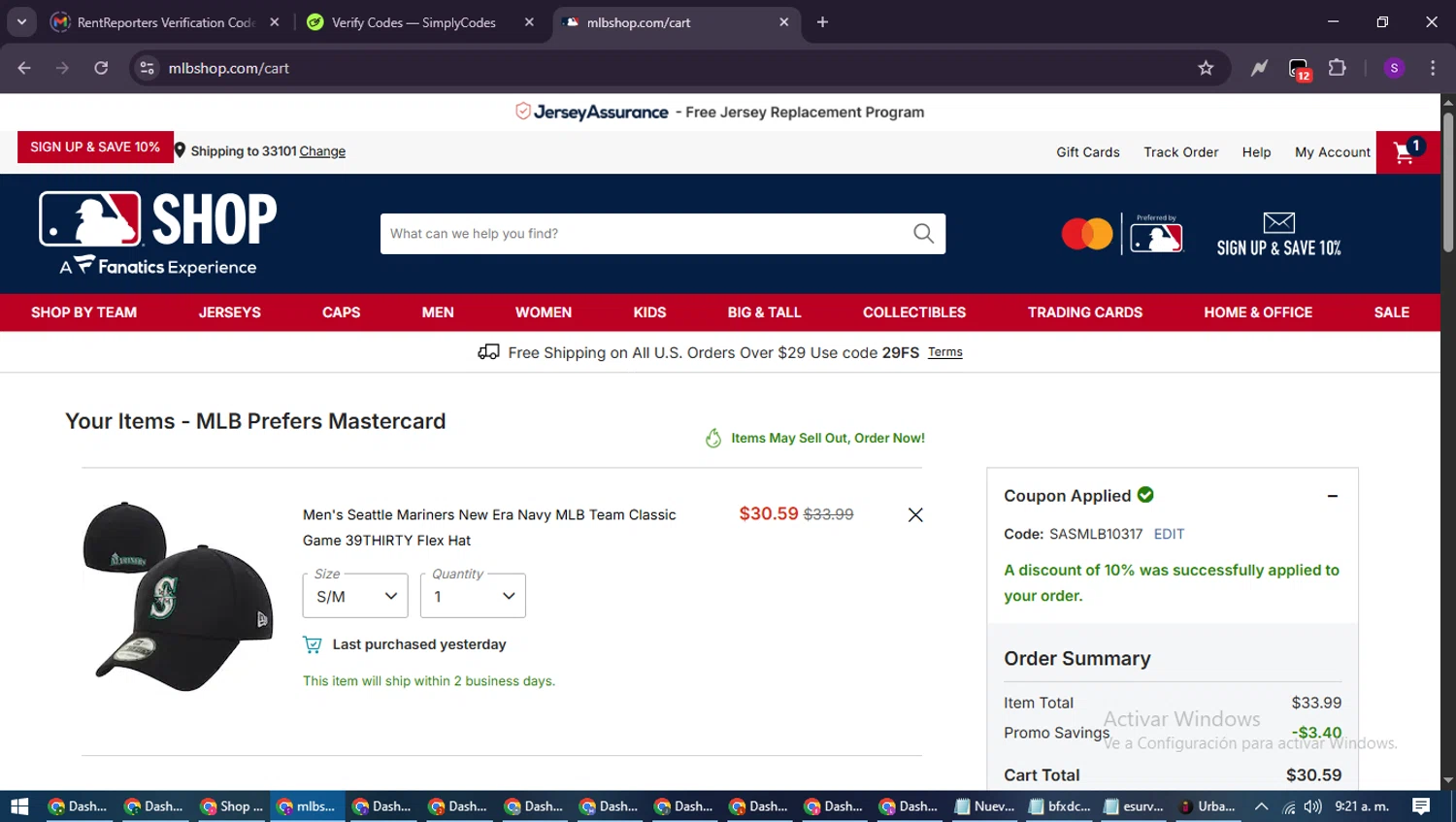 Seattle Mariners promo code screenshot showing code SASMLB10317 applied at Seattle Mariners checkout page. Uploaded by SimplyCodes community member ShieldWarden7838 on Sep 11, 2025