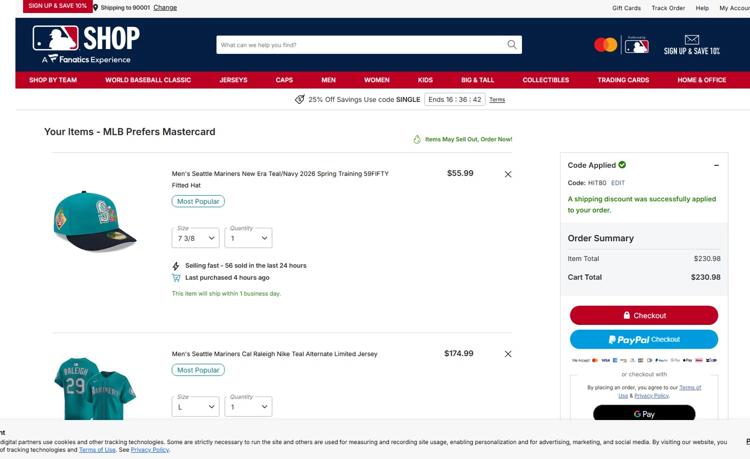 Seattle Mariners checkout page showing Seattle Mariners promo code box | Screenshot taken by SimplyCodes community member on Feb 21, 2026