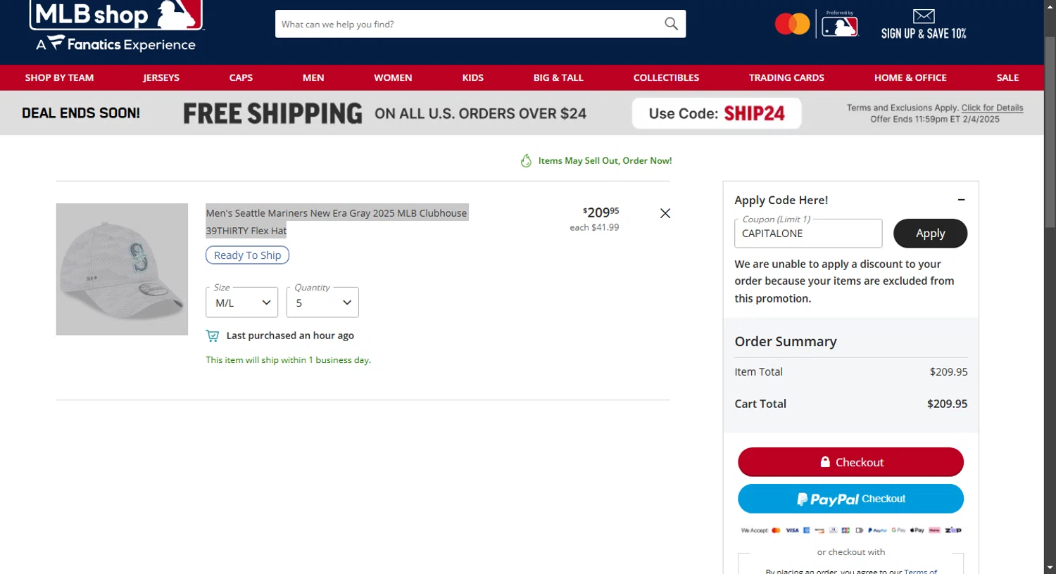 Seattle Mariners promo code screenshot showing code CAPITALONE applied at Seattle Mariners checkout page. Uploaded by SimplyCodes community member TreasureShopper9156 on Feb 1, 2025