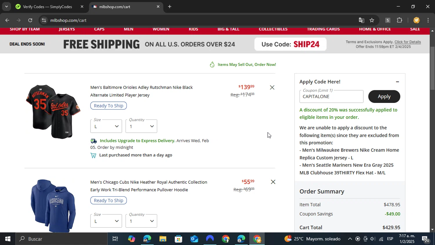 Seattle Mariners promo code screenshot showing code CAPITALONE applied at Seattle Mariners checkout page. Uploaded by SimplyCodes community member vasijadeaceite on Feb 1, 2025