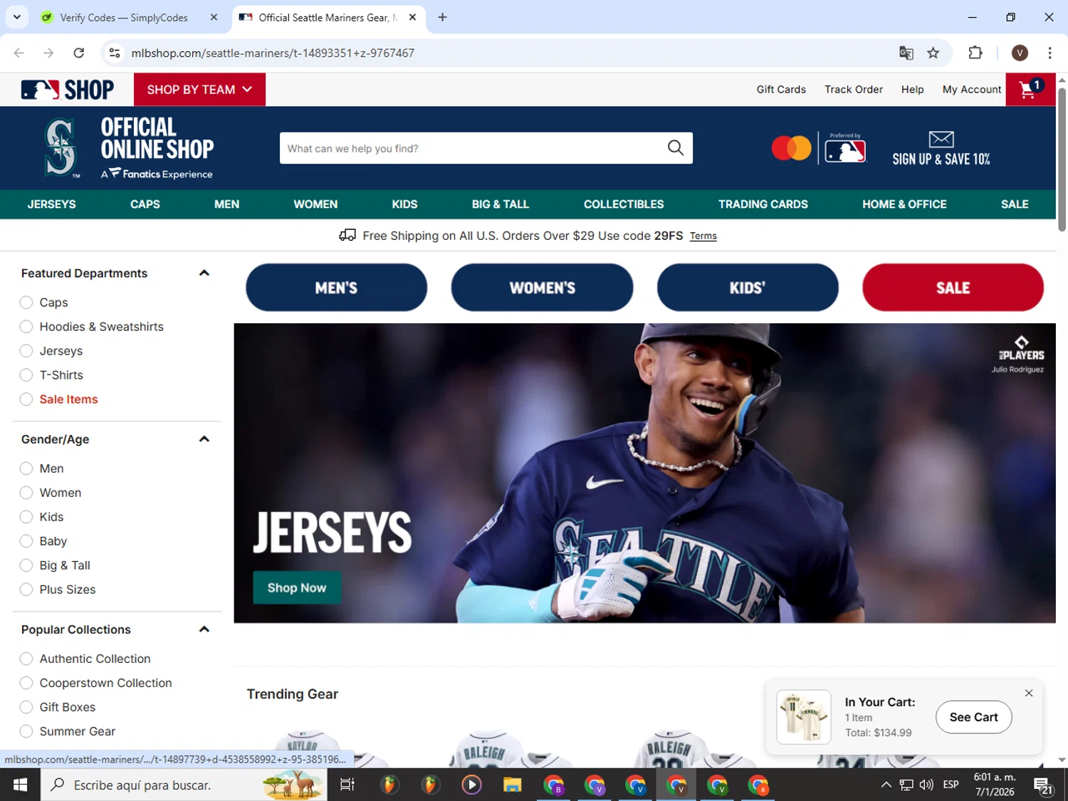 Seattle Mariners checkout page showing Seattle Mariners promo code box | Screenshot taken by SimplyCodes community member on Jan 7, 2026