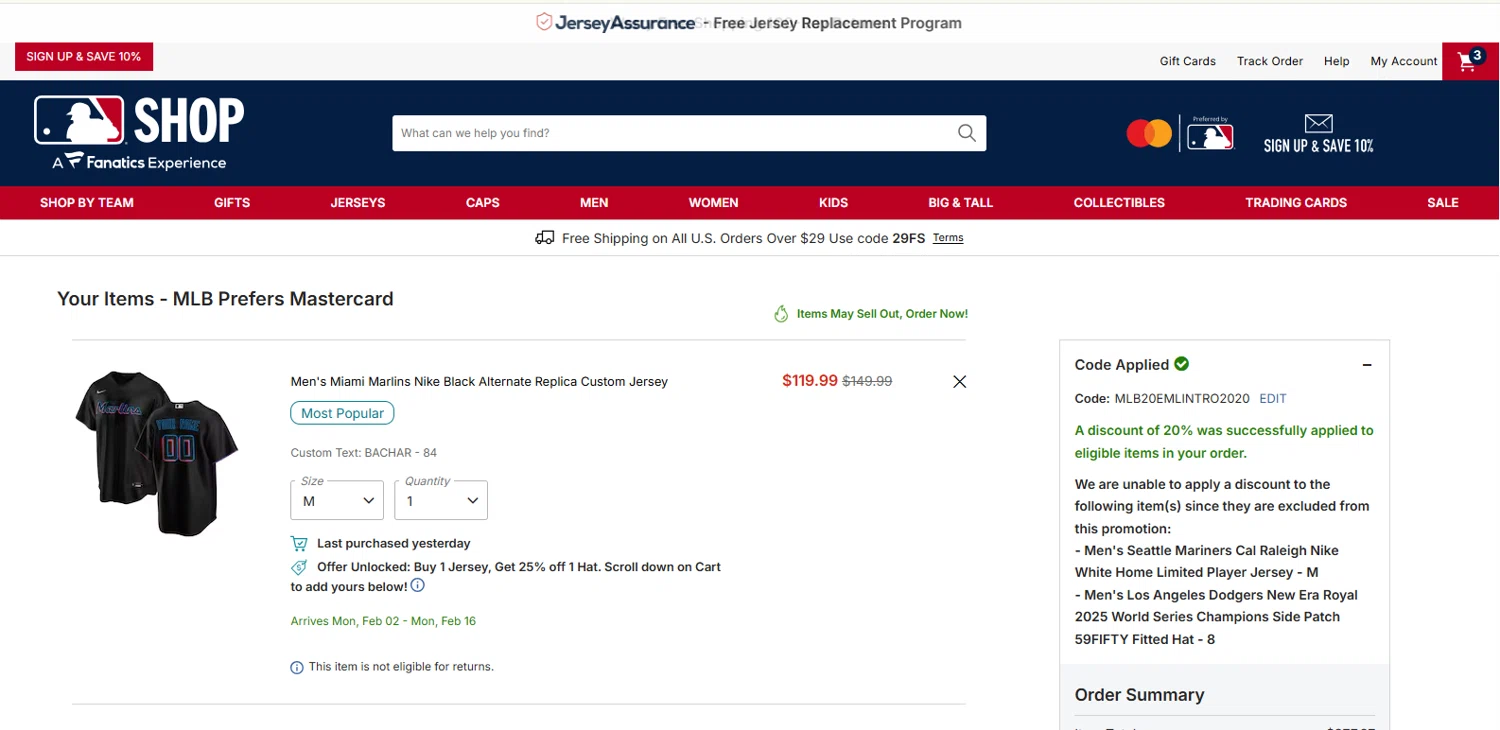Seattle Mariners checkout page showing Seattle Mariners promo code box | Screenshot taken by SimplyCodes community member on Jan 3, 2026