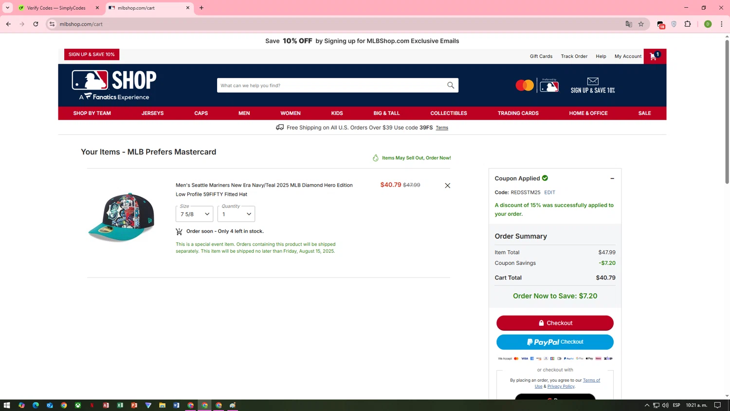 Seattle Mariners promo code screenshot showing code REDSSTM25 applied at Seattle Mariners checkout page. Uploaded by SimplyCodes community member MoneyMaven8597 on Jul 31, 2025