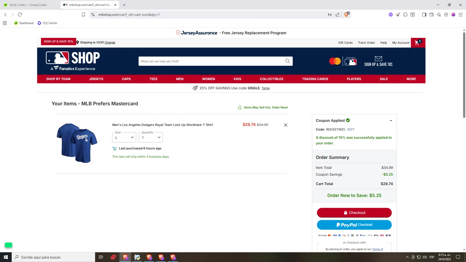 Seattle Mariners promo code screenshot showing code REDSSTM25 applied at Seattle Mariners checkout page. Uploaded by SimplyCodes community member Nezukooo on Sep 24, 2025