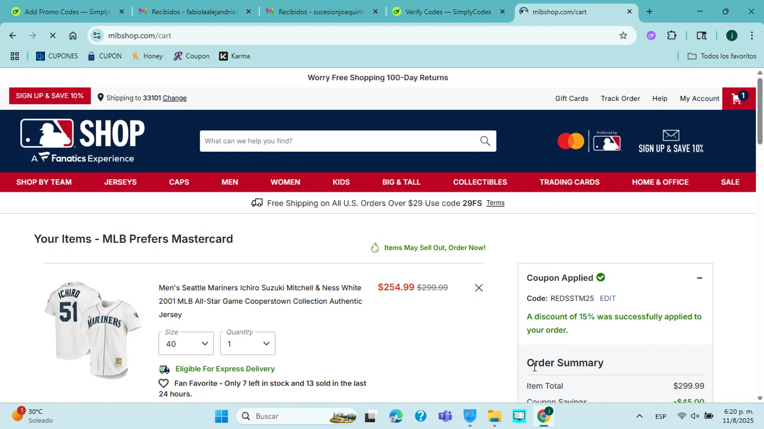 Seattle Mariners promo code screenshot showing code REDSSTM25 applied at Seattle Mariners checkout page. Uploaded by SimplyCodes community member jorgejavierherrera on Aug 11, 2025