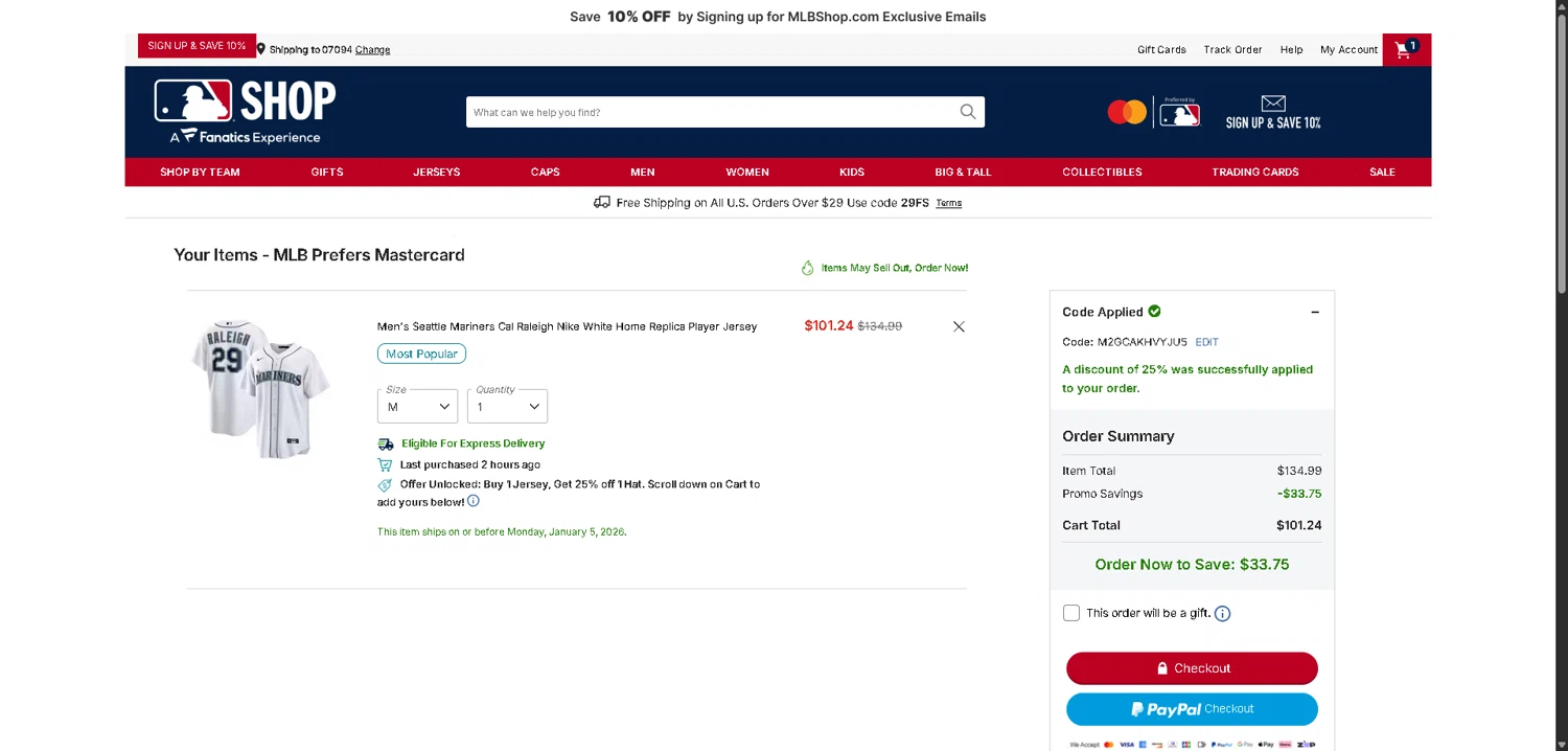 Seattle Mariners checkout page showing Seattle Mariners promo code box | Screenshot taken by SimplyCodes community member on Jan 3, 2026