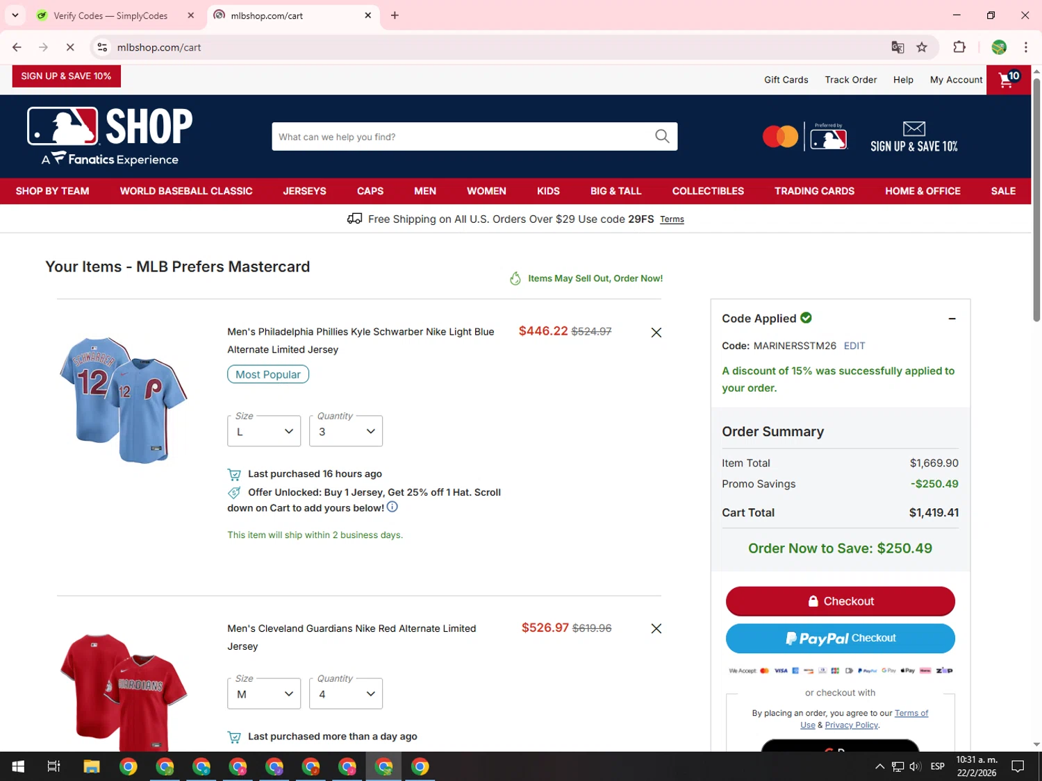 Seattle Mariners checkout page showing Seattle Mariners promo code box | Screenshot taken by SimplyCodes community member on Feb 22, 2026