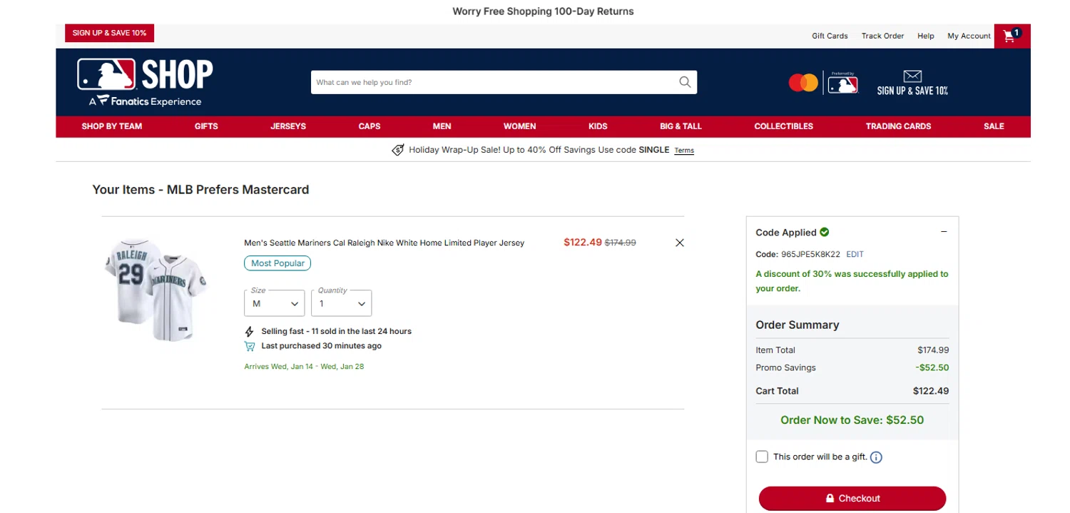 Seattle Mariners promo code screenshot showing code 965JPE5K8K22 applied at Seattle Mariners checkout page. Uploaded by SimplyCodes community member OnlywM on Dec 26, 2025