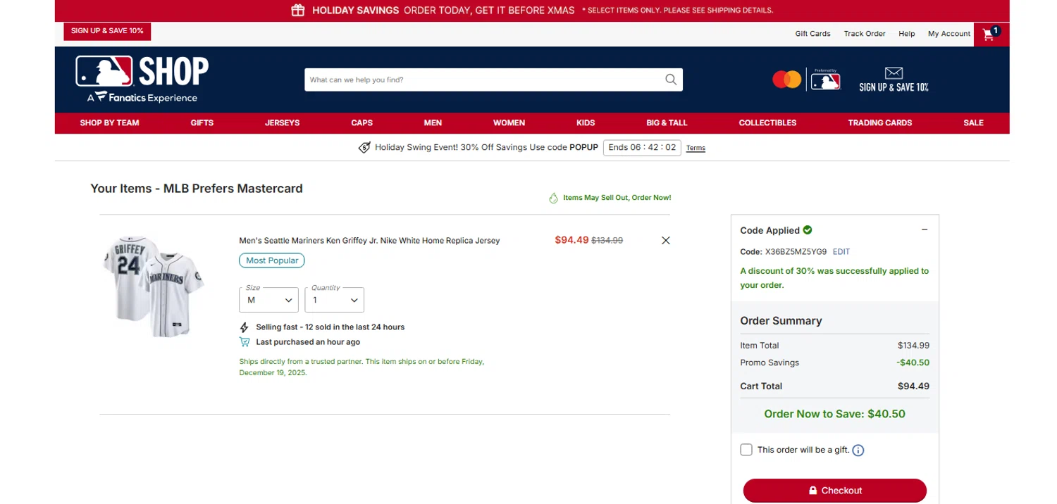 Seattle Mariners promo code screenshot showing code X36BZ5MZ5YG9 applied at Seattle Mariners checkout page. Uploaded by SimplyCodes community member OnlywM on Dec 18, 2025