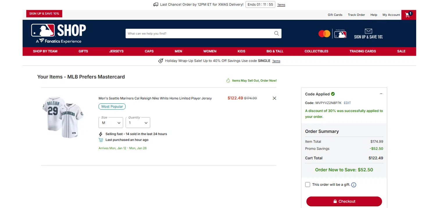 Seattle Mariners promo code screenshot showing code MVPYVZ2N8P7K applied at Seattle Mariners checkout page. Uploaded by SimplyCodes community member OnlywM on Dec 22, 2025