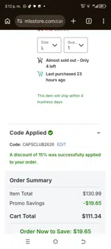 CAPSCLUB2626 coupon verification screenshot