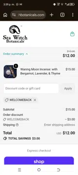 Sea Witch Botanicals coupon verification screenshot