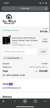 Sea Witch Botanicals coupon verification screenshot