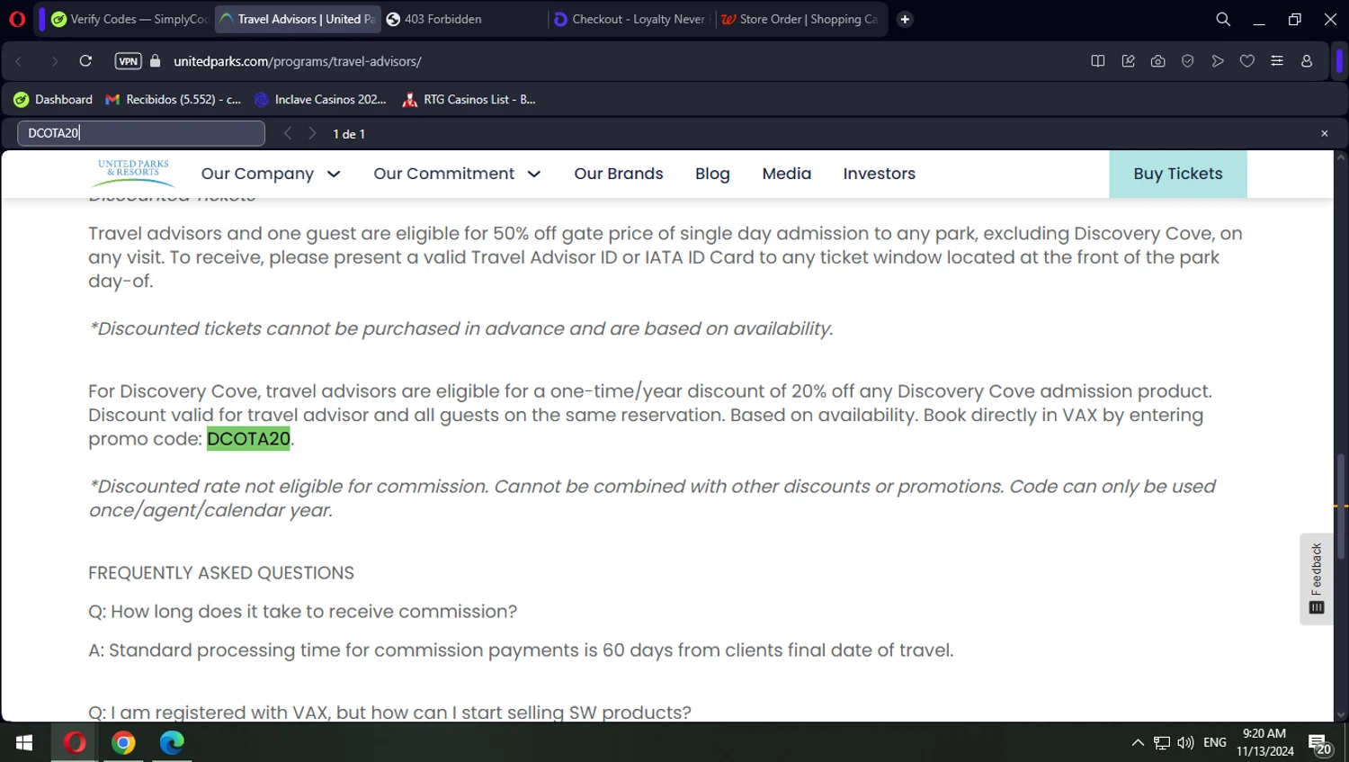 SeaWorld Entertainment checkout page showing SeaWorld Entertainment promo code box | Screenshot taken by SimplyCodes community member on Nov 13, 2024