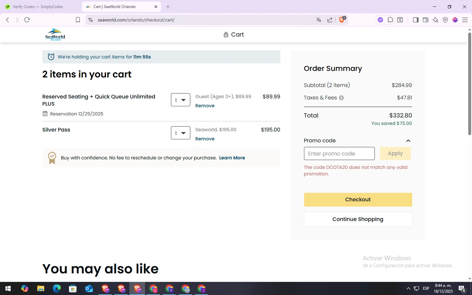 SeaWorld Entertainment promo code screenshot showing code DCOTA20 applied at SeaWorld Entertainment checkout page. Uploaded by SimplyCodes community member VoucherSpotter6910 on Dec 18, 2025
