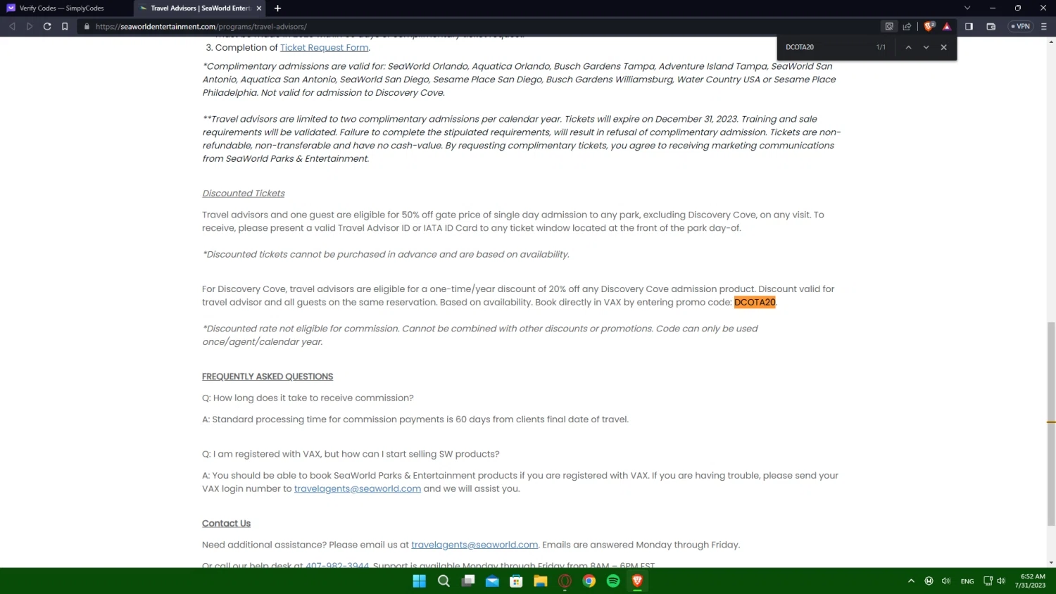 SeaWorld Entertainment checkout page showing SeaWorld Entertainment promo code box | Screenshot taken by SimplyCodes community member on Jul 31, 2023