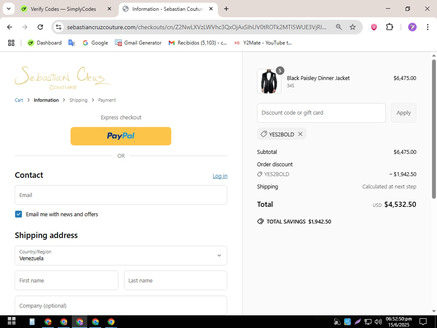 Sebastian Cruz Couture coupon code screenshot showing code yes2bold applied at Sebastian Cruz Couture checkout page. Uploaded by SimplyCodes community member CouponSentinel5832 on Jun 15, 2025