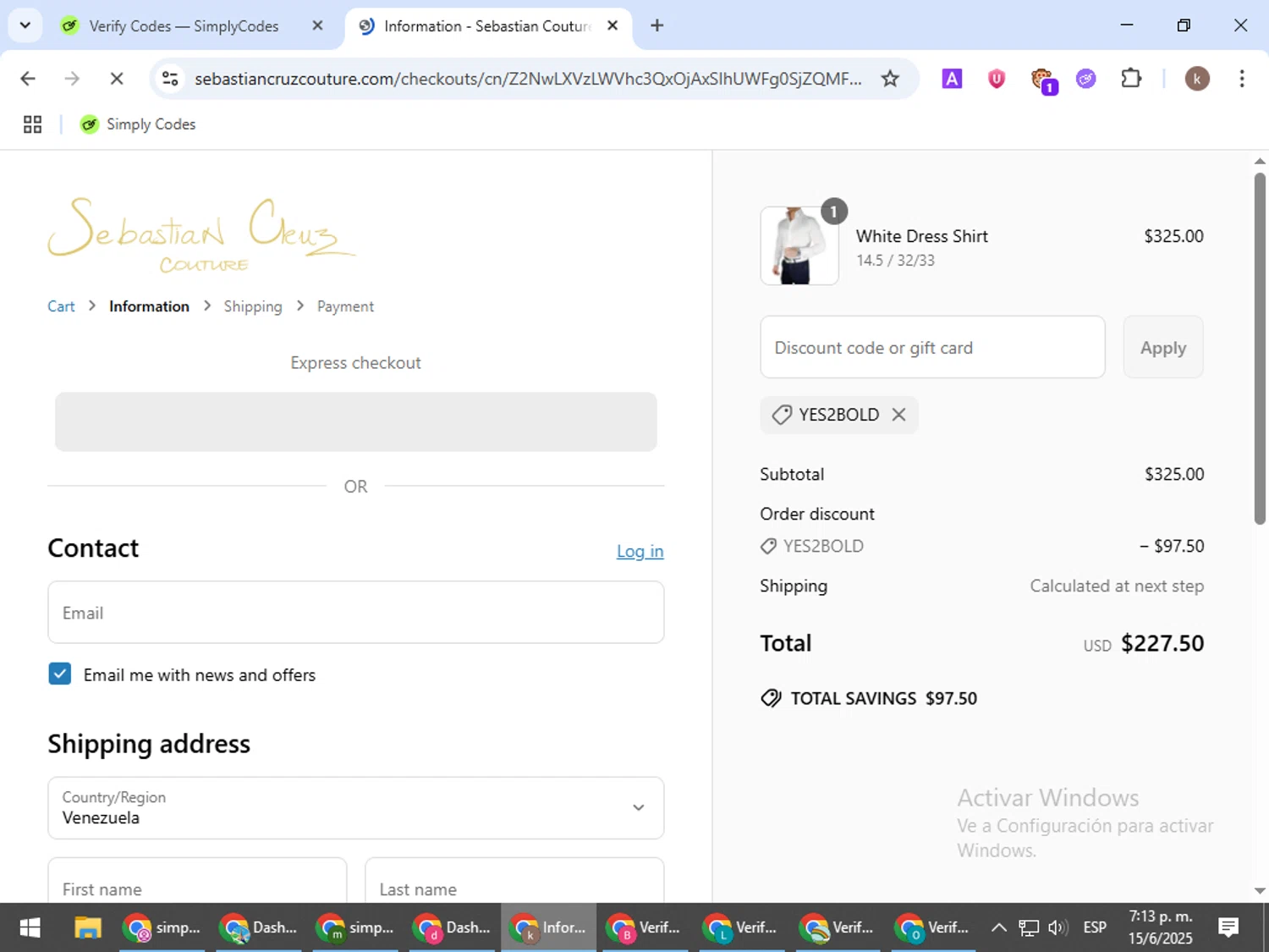 Sebastian Cruz Couture coupon code screenshot showing code yes2bold applied at Sebastian Cruz Couture checkout page. Uploaded by SimplyCodes community member RewardRanger298 on Jun 15, 2025