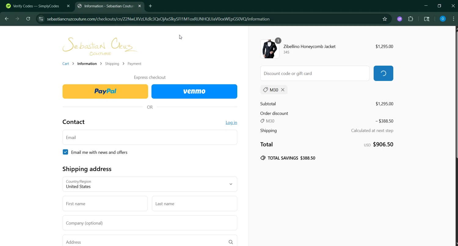 Sebastian Cruz Couture coupon code screenshot showing code M30 applied at Sebastian Cruz Couture checkout page. Uploaded by SimplyCodes community member GoldAdmiral5202 on Jun 18, 2025