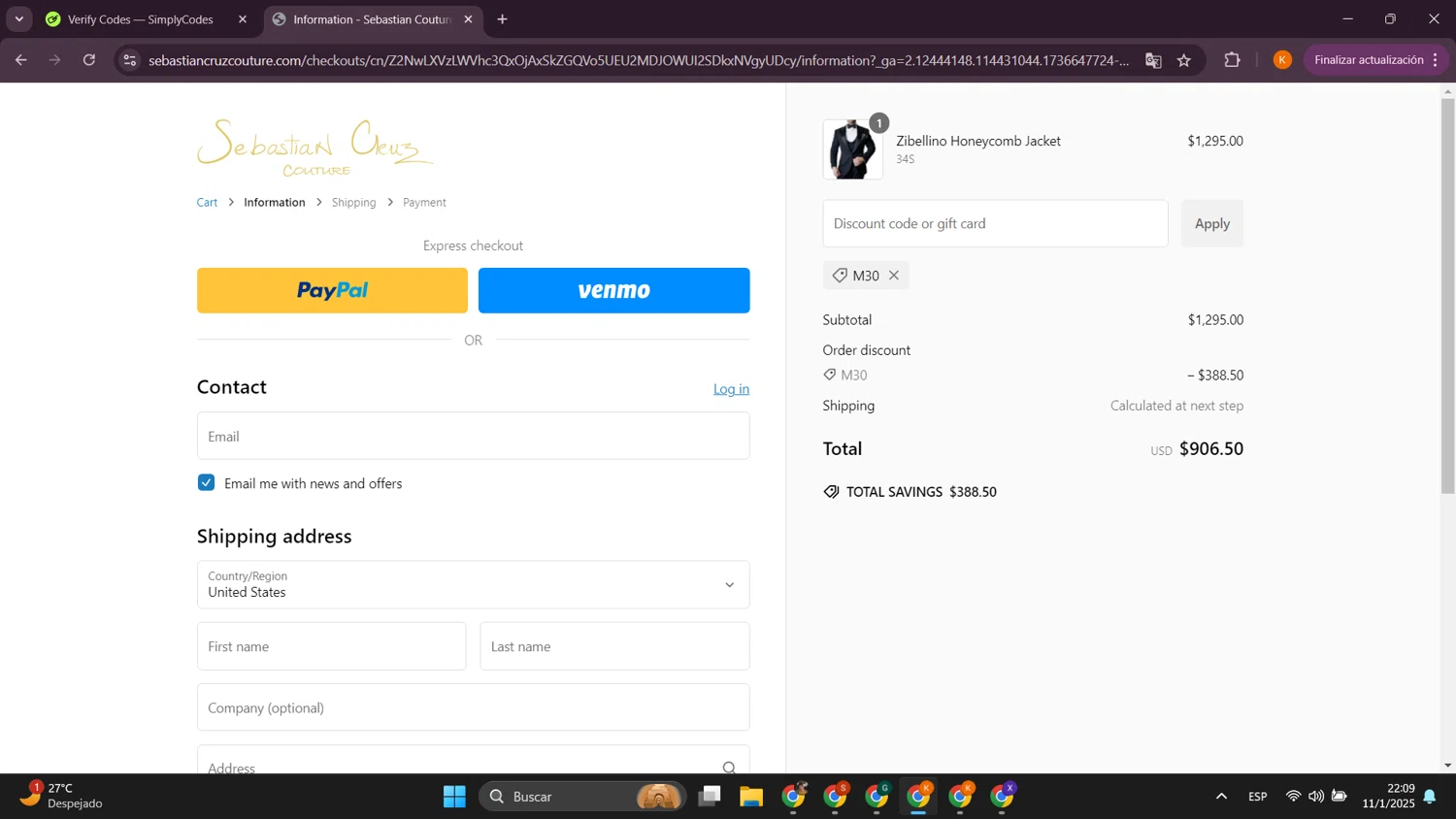 Sebastian Cruz Couture coupon code screenshot showing code M30 applied at Sebastian Cruz Couture checkout page. Uploaded by SimplyCodes community member davidsalazar on Jan 12, 2025