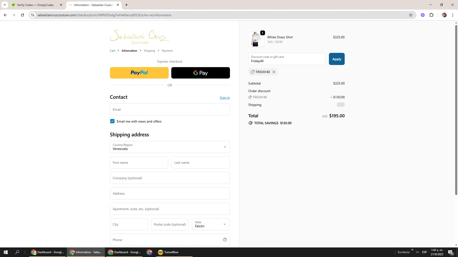 Sebastian Cruz Couture coupon code screenshot showing code Friday40 applied at Sebastian Cruz Couture checkout page. Uploaded by SimplyCodes community member Levi_Ackerman on Sep 21, 2025