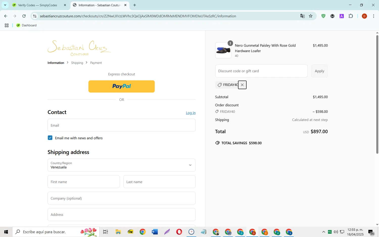 Sebastian Cruz Couture coupon code screenshot showing code Friday40 applied at Sebastian Cruz Couture checkout page. Uploaded by SimplyCodes community member SaleSaver3540 on Apr 18, 2025