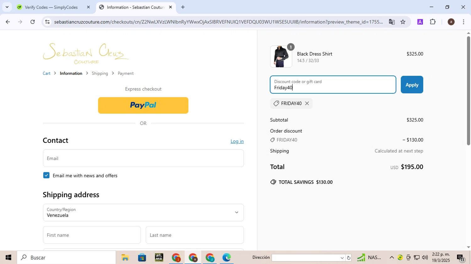 Sebastian Cruz Couture coupon code screenshot showing code Friday40 applied at Sebastian Cruz Couture checkout page. Uploaded by SimplyCodes community member ExtraordinaryExpert1730 on Mar 19, 2025