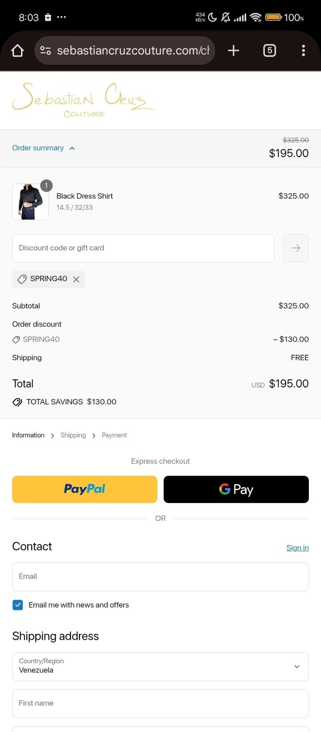 Sebastian Cruz Couture coupon code screenshot showing code SPRING40 applied at Sebastian Cruz Couture checkout page. Uploaded by SimplyCodes community member Jutdcv on Sep 12, 2025