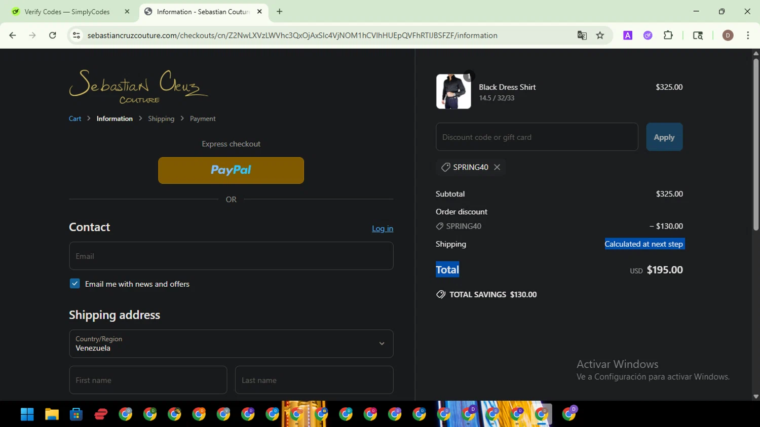 Sebastian Cruz Couture coupon code screenshot showing code SPRING40 applied at Sebastian Cruz Couture checkout page. Uploaded by SimplyCodes community member NobleWarden6764 on May 27, 2025