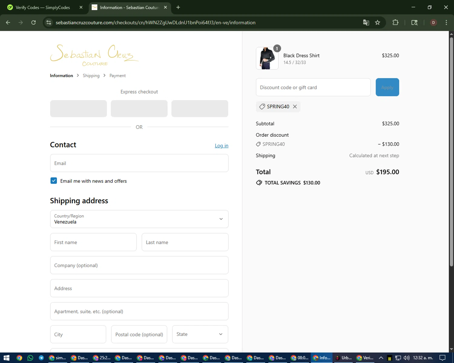 Sebastian Cruz Couture coupon code screenshot showing code SPRING40 applied at Sebastian Cruz Couture checkout page. Uploaded by SimplyCodes community member liltecca on Sep 4, 2025