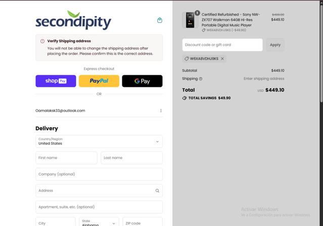 Secondipity checkout page showing Secondipity coupon code box | Screenshot taken by SimplyCodes community member on Aug 12, 2025