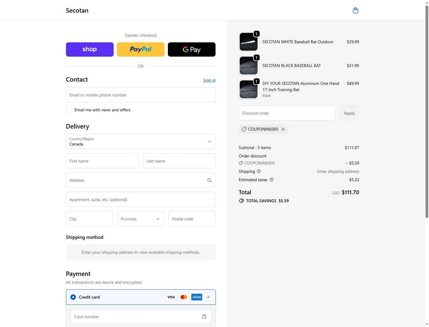 Secotan promo code screenshot showing code COUPONINE005 applied at Secotan checkout page. Uploaded by SimplyCodes community member Sksjsjss on May 31, 2026