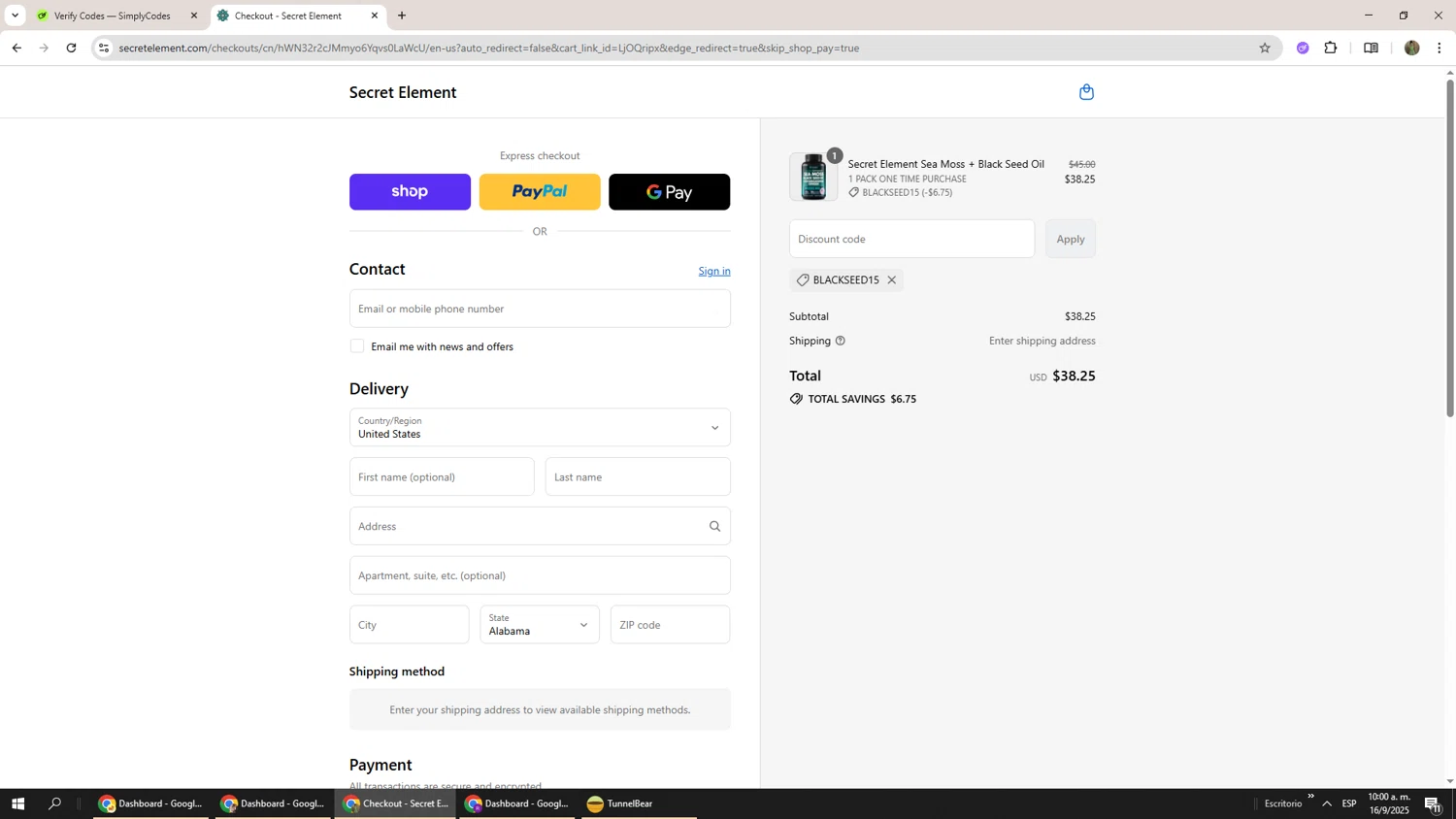 Secret Element promo code screenshot showing code BLACKSEED15 applied at Secret Element checkout page. Uploaded by SimplyCodes community member Phoenix585 on Sep 16, 2025