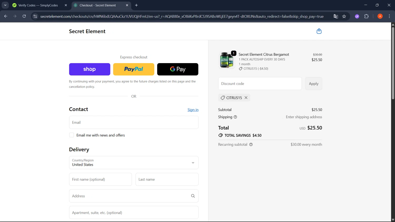 Secret Element promo code screenshot showing code CITRUS15 applied at Secret Element checkout page. Uploaded by SimplyCodes community member GoldChaser2970 on Dec 19, 2025