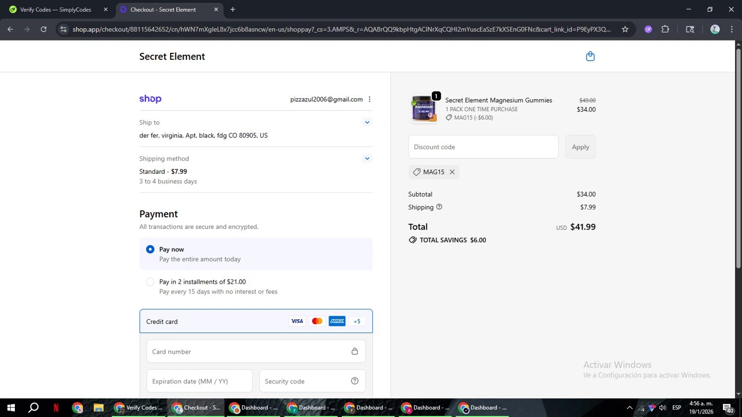 Secret Element promo code screenshot showing code MAG15 applied at Secret Element checkout page. Uploaded by SimplyCodes community member ShrewdSeeker6165 on Jan 19, 2026