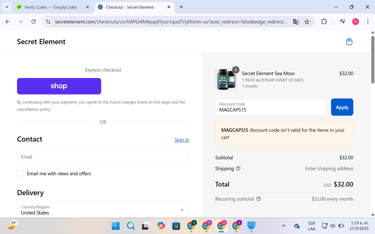 Secret Element promo code screenshot showing code MAGCAPS15 applied at Secret Element checkout page. Uploaded by SimplyCodes community member LuckyHero4650 on Sep 17, 2025