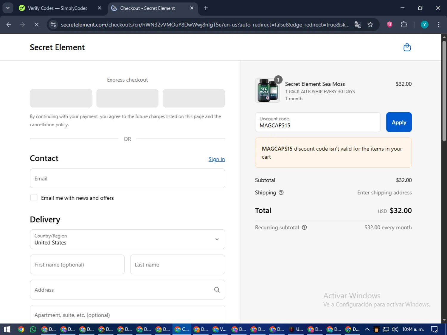Secret Element promo code screenshot showing code MAGCAPS15 applied at Secret Element checkout page. Uploaded by SimplyCodes community member RoyalEagle4794 on Sep 16, 2025