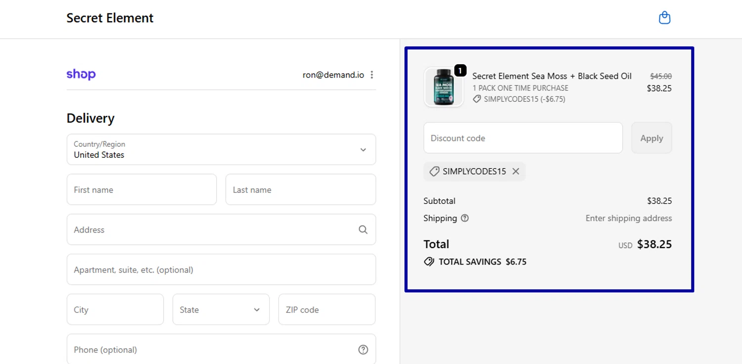 Secret Element promo code screenshot showing code SIMPLYCODES15 applied at Secret Element checkout page. Uploaded by SimplyCodes community member Swiftdealz on Oct 10, 2025