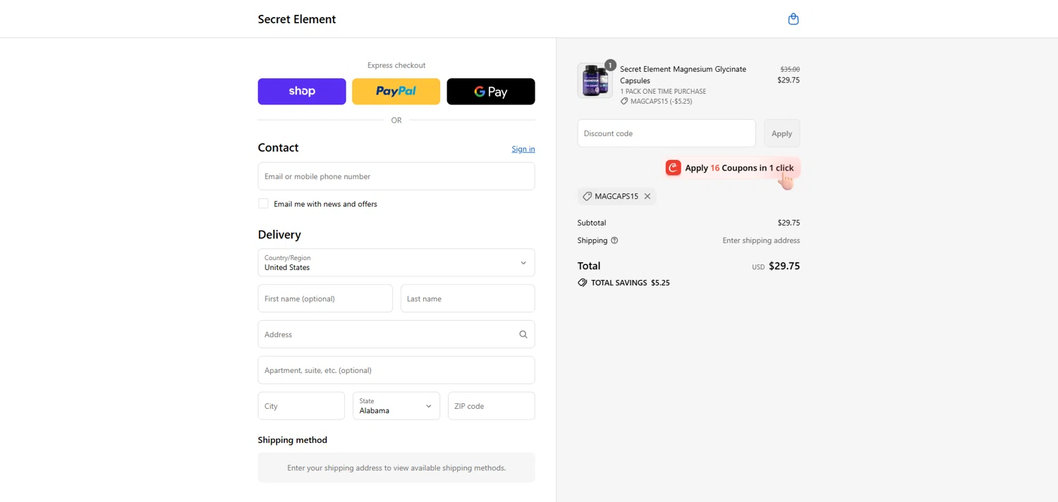 Secret Element promo code screenshot showing code MAGCAPS15 applied at Secret Element checkout page. Uploaded by SimplyCodes community member ivantorres on Sep 16, 2025