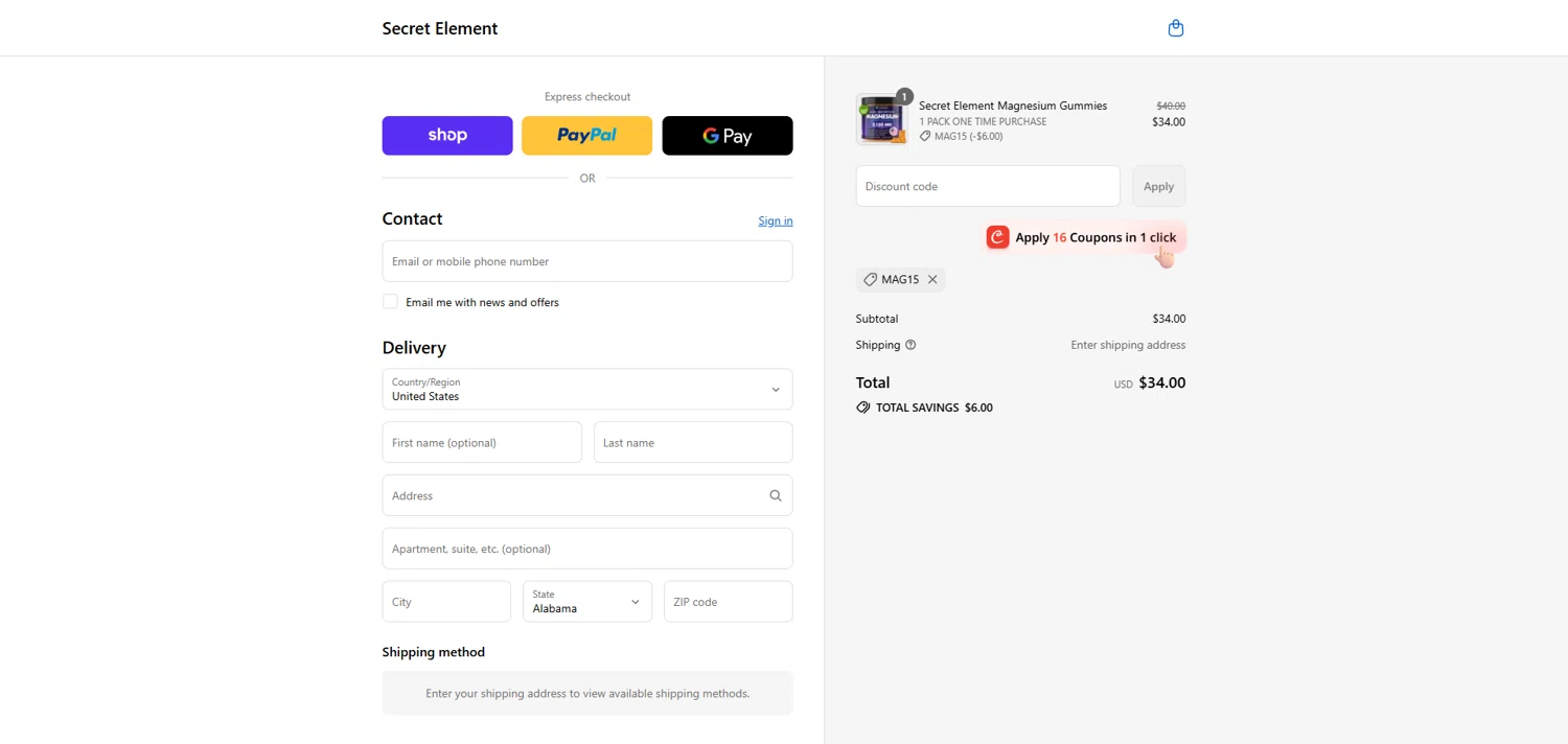 Secret Element promo code screenshot showing code MAG15 applied at Secret Element checkout page. Uploaded by SimplyCodes community member ivantorres on Sep 16, 2025