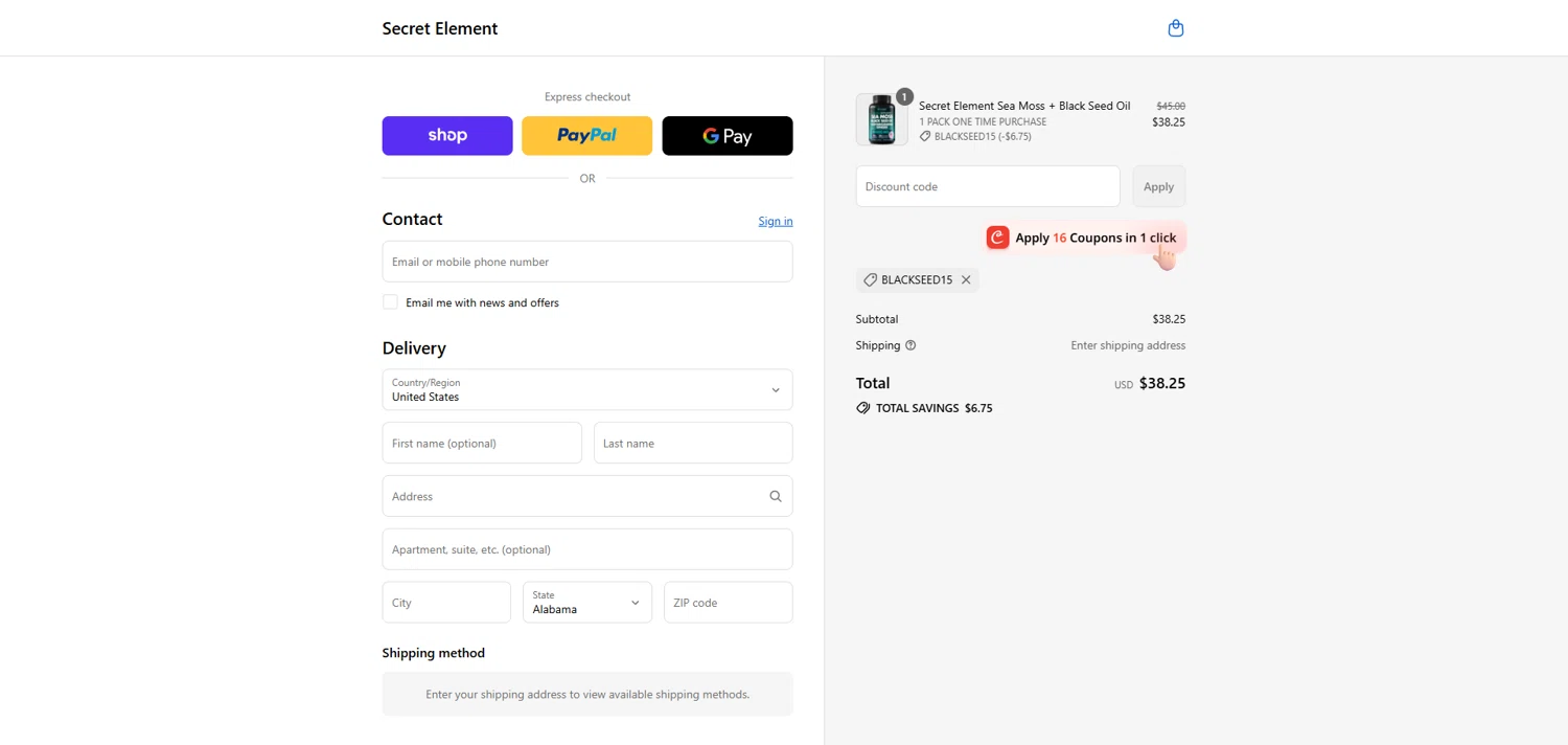 Secret Element promo code screenshot showing code BLACKSEED15 applied at Secret Element checkout page. Uploaded by SimplyCodes community member ivantorres on Sep 16, 2025