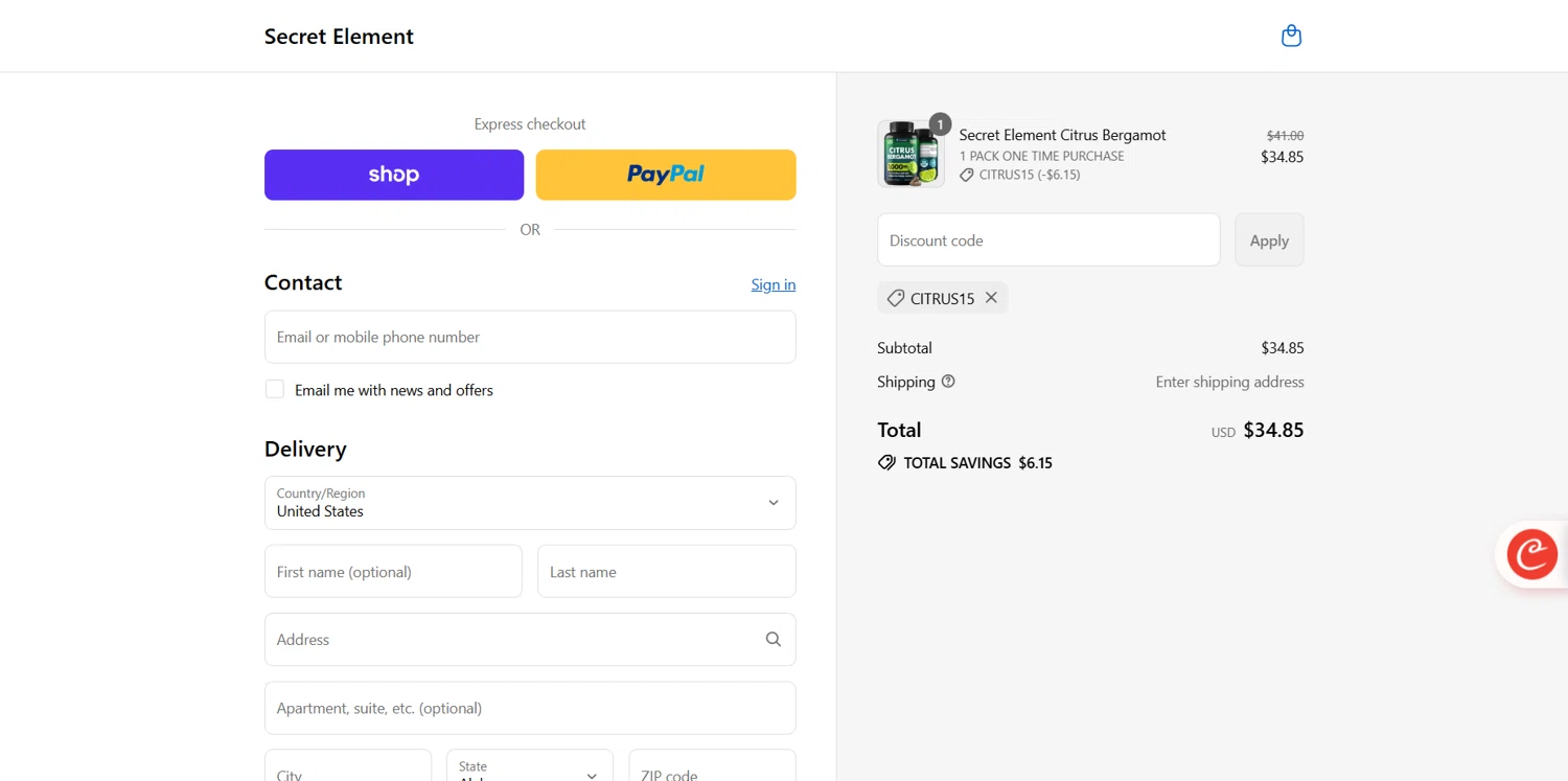 Secret Element promo code screenshot showing code CITRUS15 applied at Secret Element checkout page. Uploaded by SimplyCodes community member marielysmorales on Sep 16, 2025
