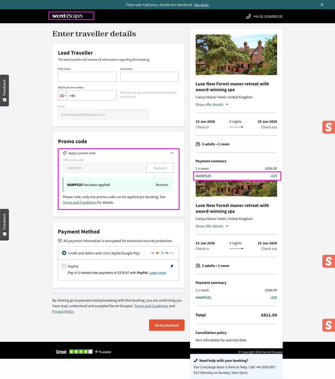 Secret Escapes UK promo code screenshot showing code HAMPS25 applied at Secret Escapes UK checkout page. Uploaded by SimplyCodes community member chandlerbing on Jun 12, 2026
