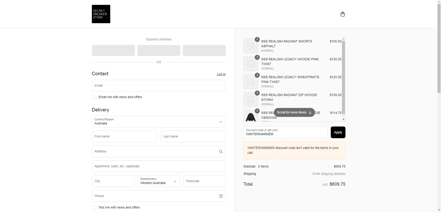 Secret Sneaker Store checkout page showing Secret Sneaker Store discount code box | Screenshot taken by SimplyCodes community member on Jun 21, 2025